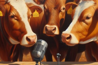 Cows recording a podcast