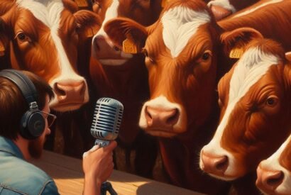 Cows presenting a podcast