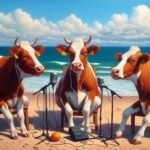 Cows podcasting on a beach