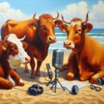 Cows podcasting on the beach